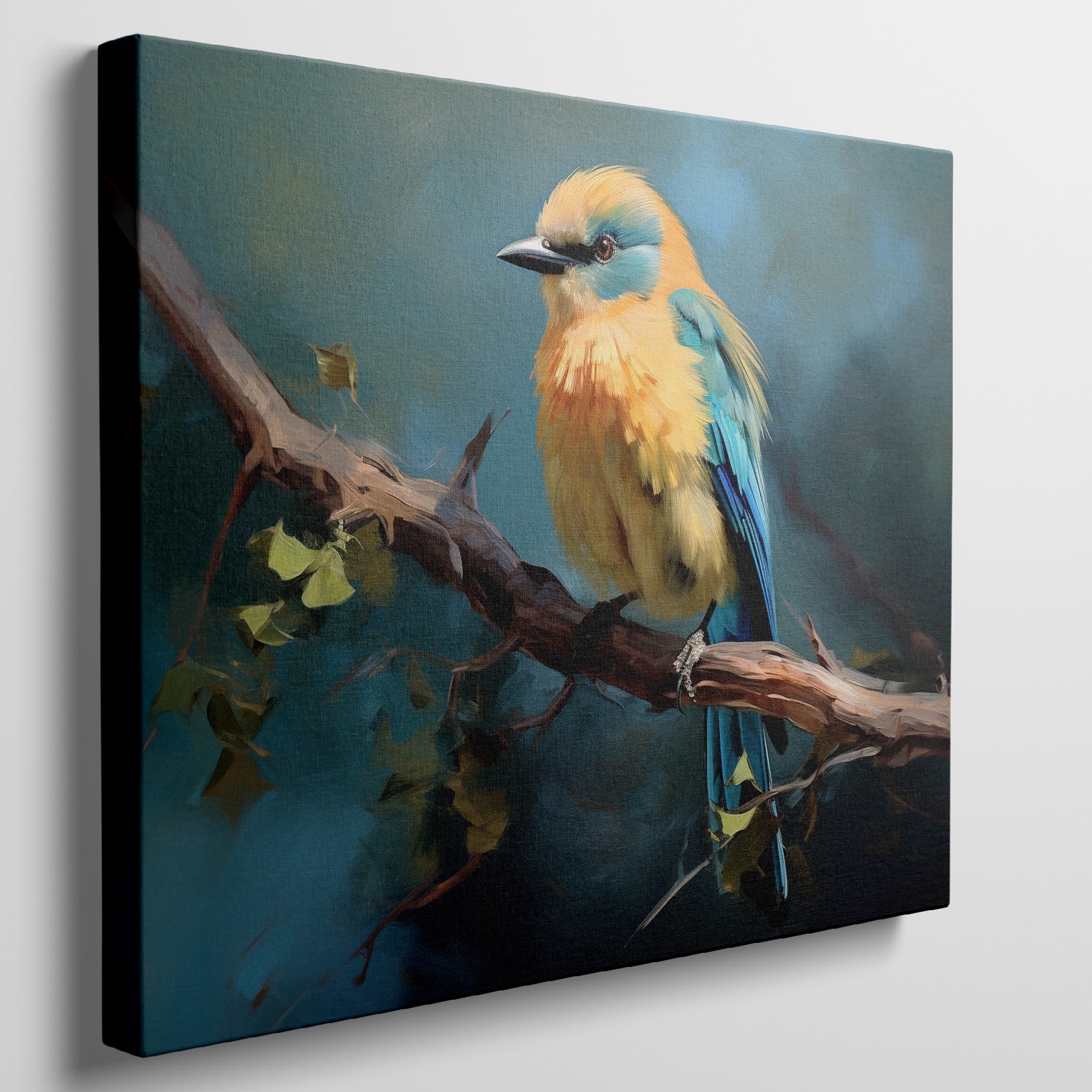 Framed canvas print of a vibrant blue and yellow bird perched on a tree branch with green leaves