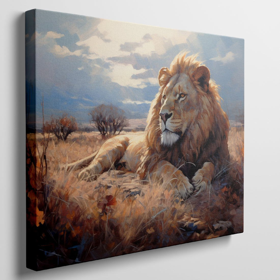 Framed canvas print of a majestic lion basking in the golden light of the African savannah