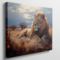 Framed canvas print of a majestic lion basking in the golden light of the African savannah