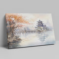 Framed canvas print depicting an autumnal Oriental scene with a pagoda and misty lake