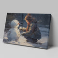 Framed canvas print of a child building a snowman on a snowy city evening