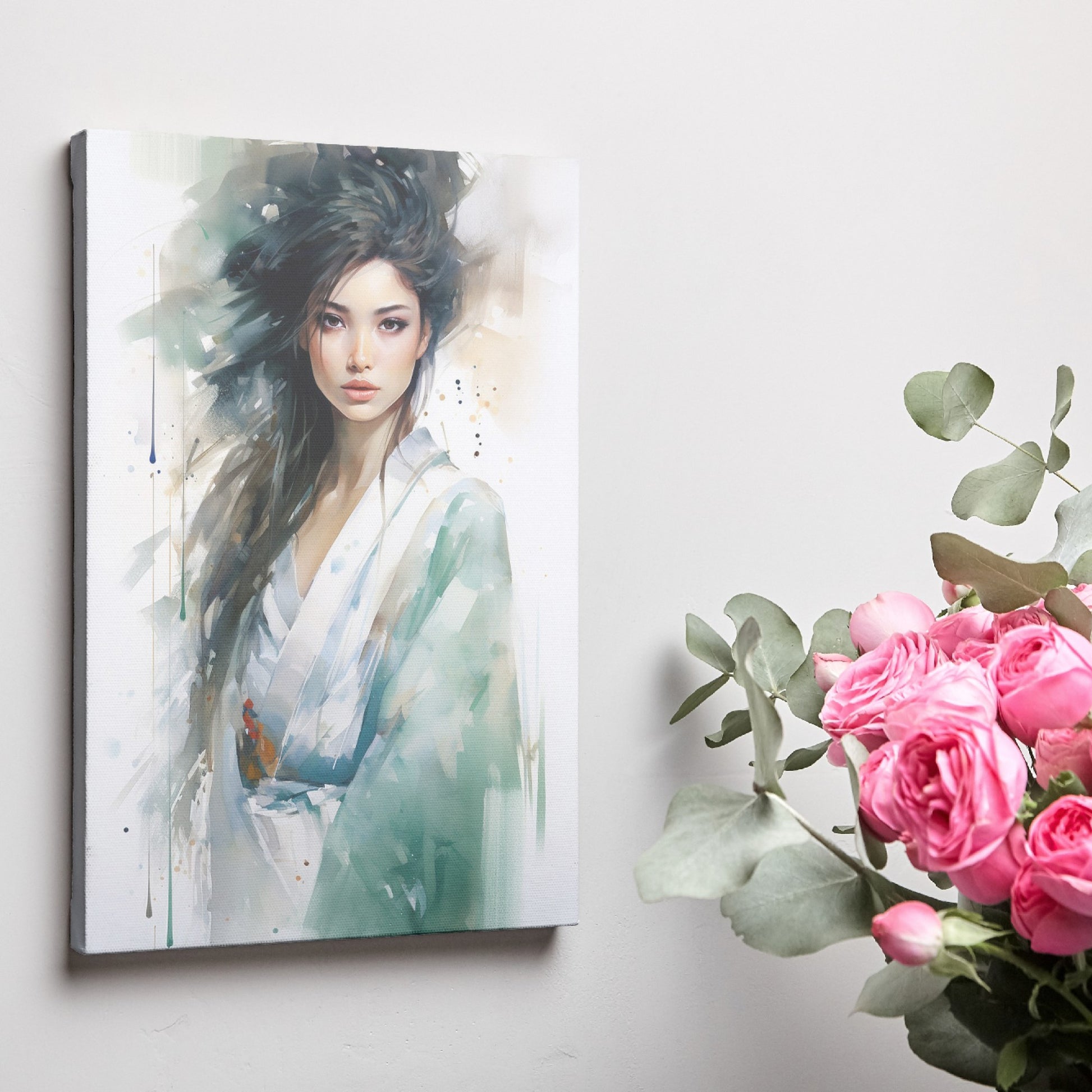 Framed canvas print of an ethereal watercolour portrait of a graceful lady with abstract elements