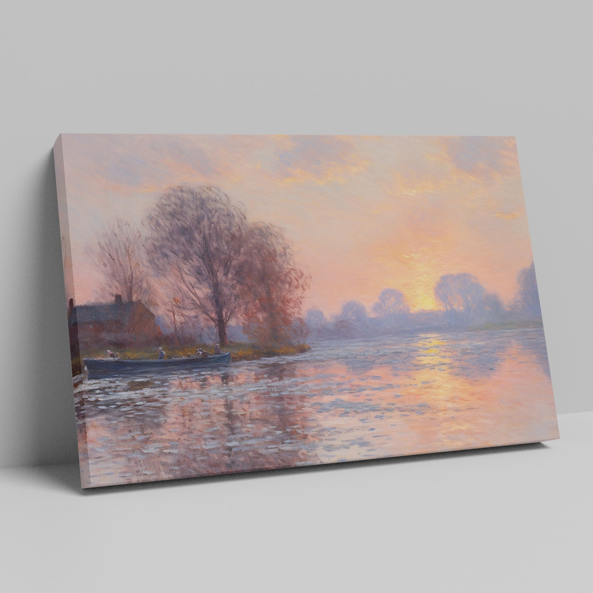 Framed canvas print of an Impressionist-style landscape with a sunset reflecting on a river