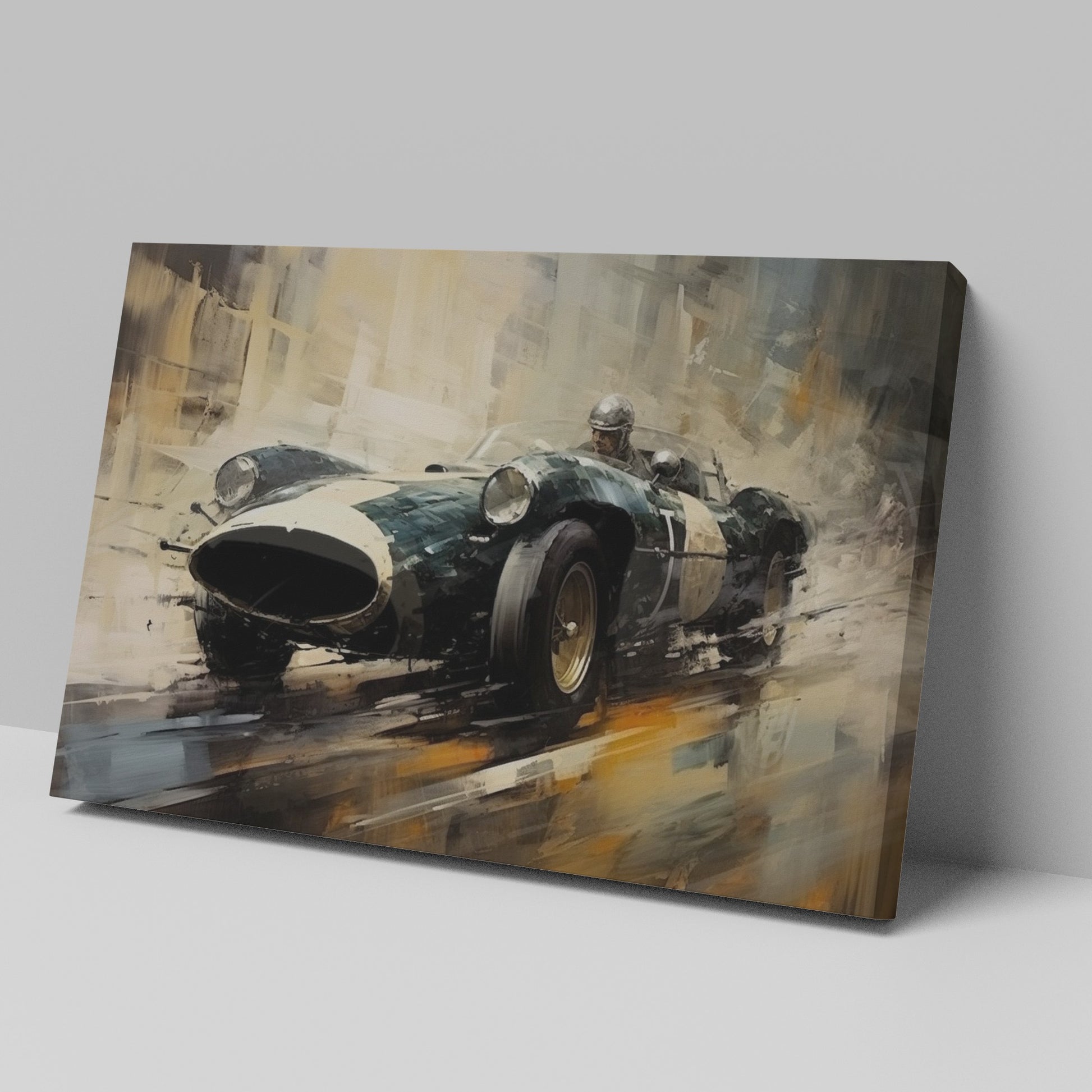 Framed canvas print of a vintage race car depicted in vibrant, artistic style