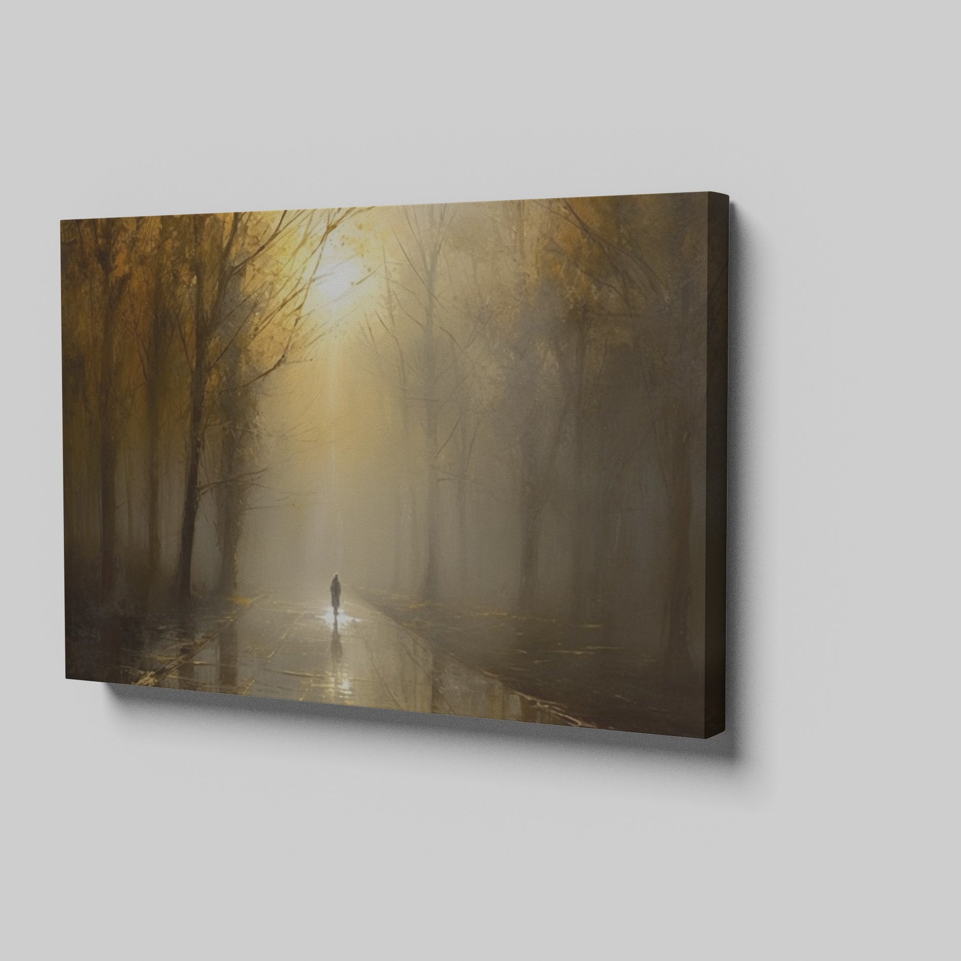 Framed canvas print of a mystical autumn forest with a lone wanderer on a sunlit path