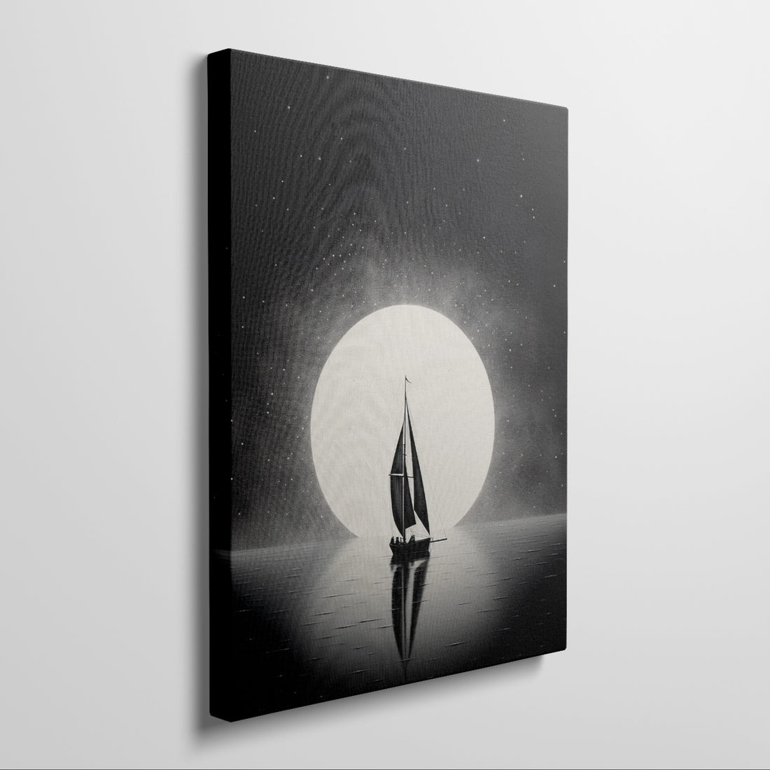 Framed canvas print of a sailboat silhouette against a full moon and starry sky