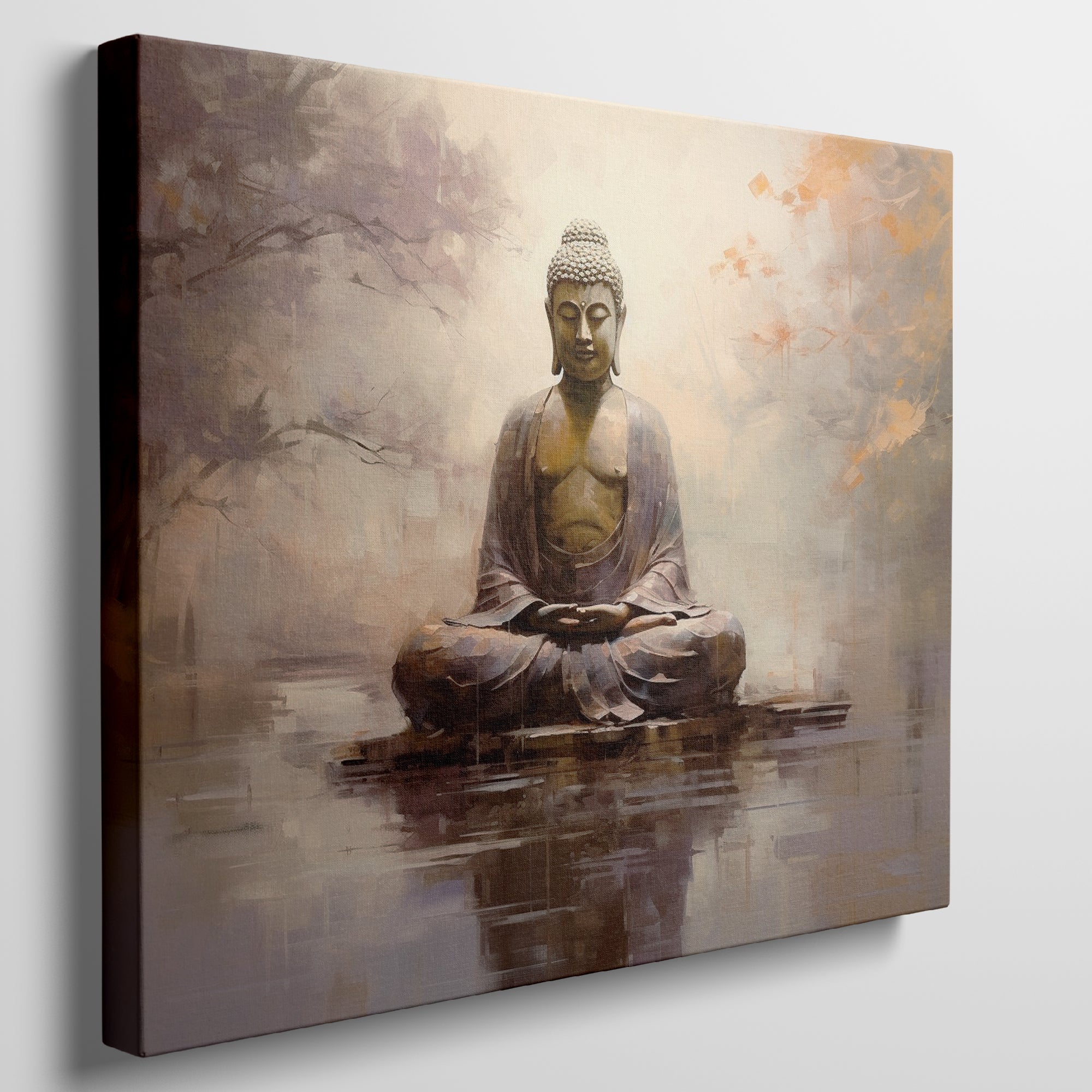 Framed canvas print of a serene Buddha statue with autumnal colours and water reflection