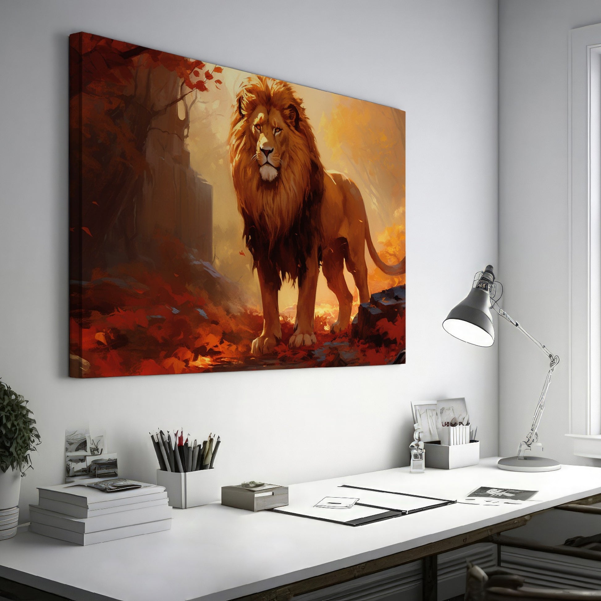 Framed canvas print of a majestic lion in golden autumn forest