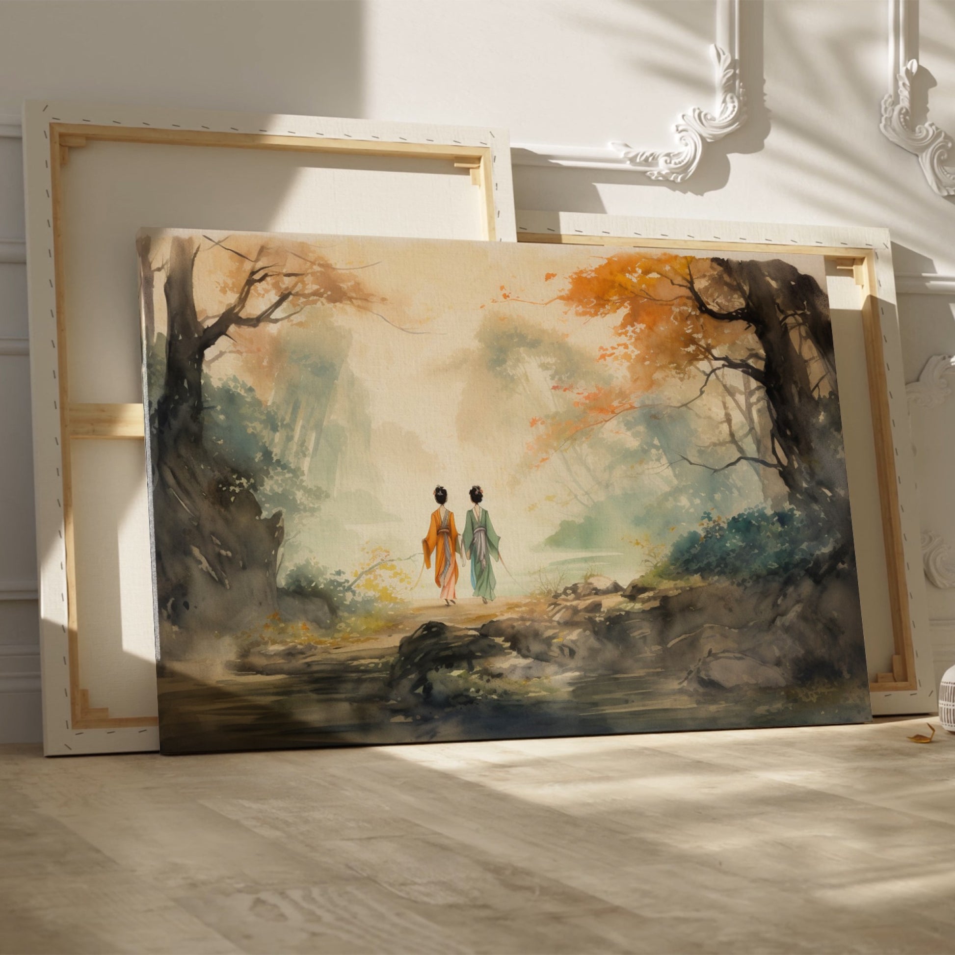 Watercolor painting of a couple walking in an autumnal Oriental landscape with misty background and vibrant foliage