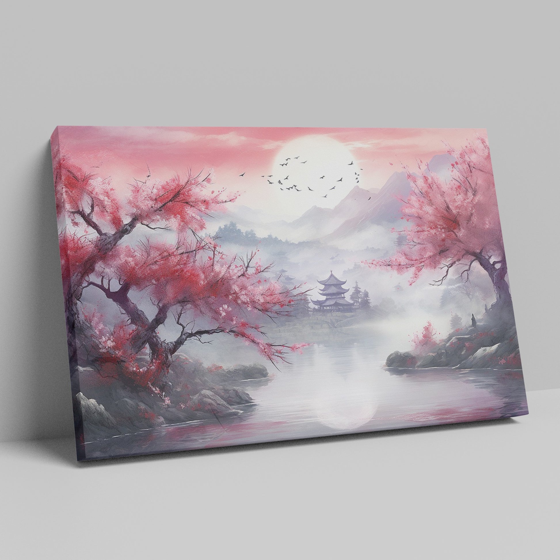 Framed canvas print of Oriental landscape with cherry blossoms and pagoda