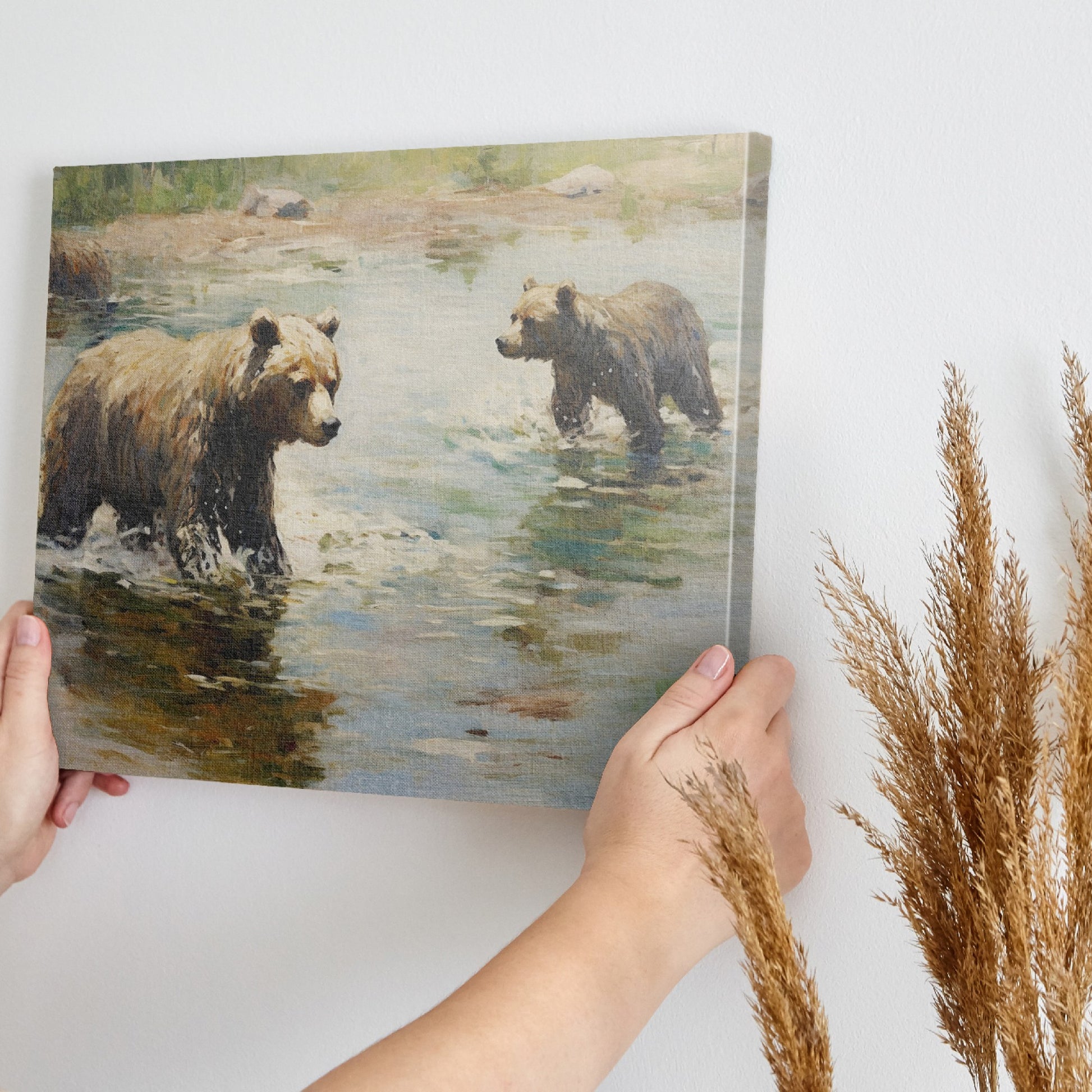 Framed canvas print of grizzly bears wading through water in an impressionist style