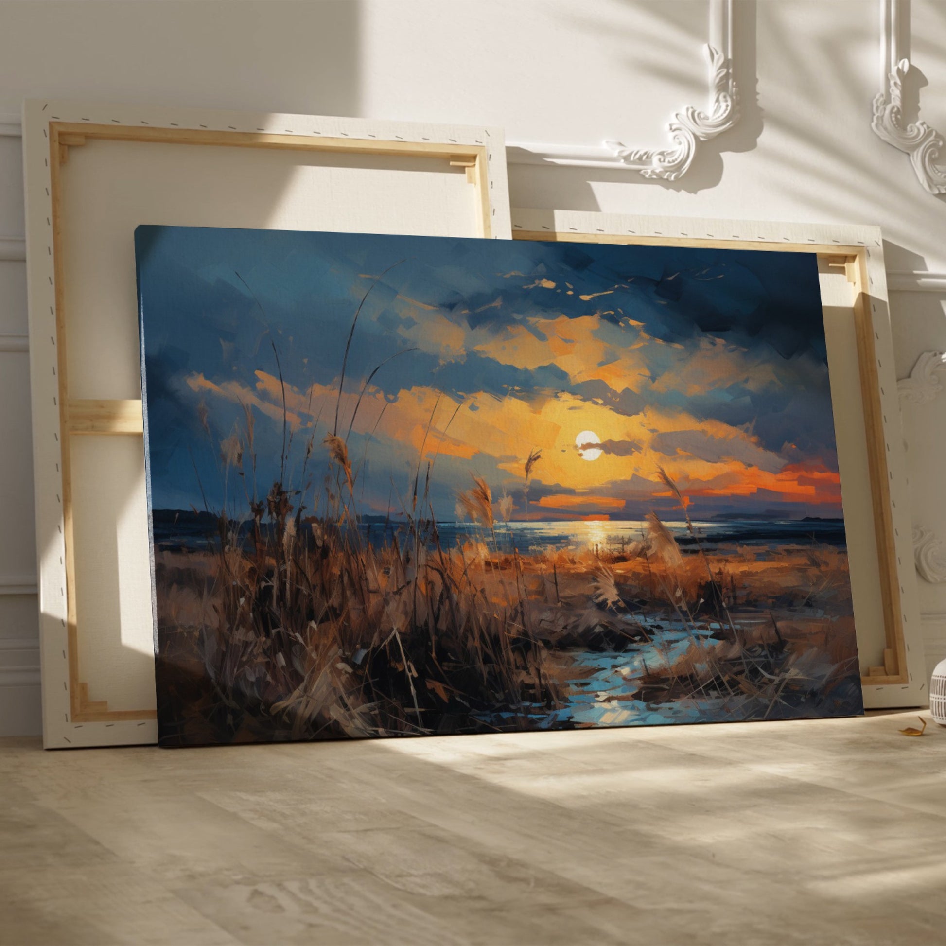 Framed canvas print of an impressionistic sunset over a coastal landscape with vibrant warm hues