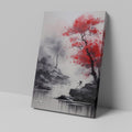 Framed canvas print of an ink wash painting featuring a bold red tree against a tranquil monochrome river landscape