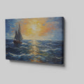 Framed canvas print of an Impressionist painting depicting a sailboat sailing on the ocean at sunset with vivid colours and bold brush strokes