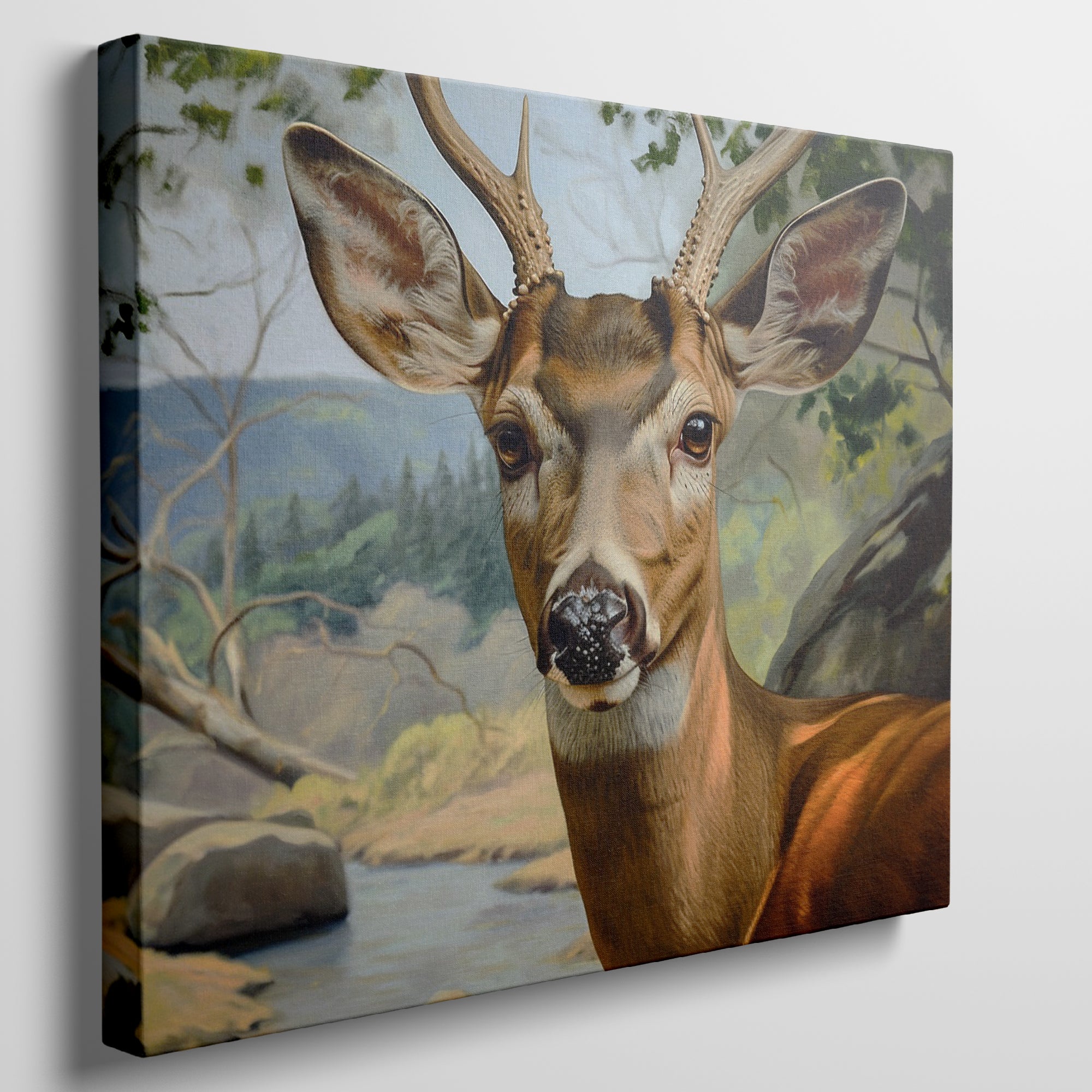 Framed canvas print of a realistic deer portrait with an endearing expression set against a detailed forest landscape