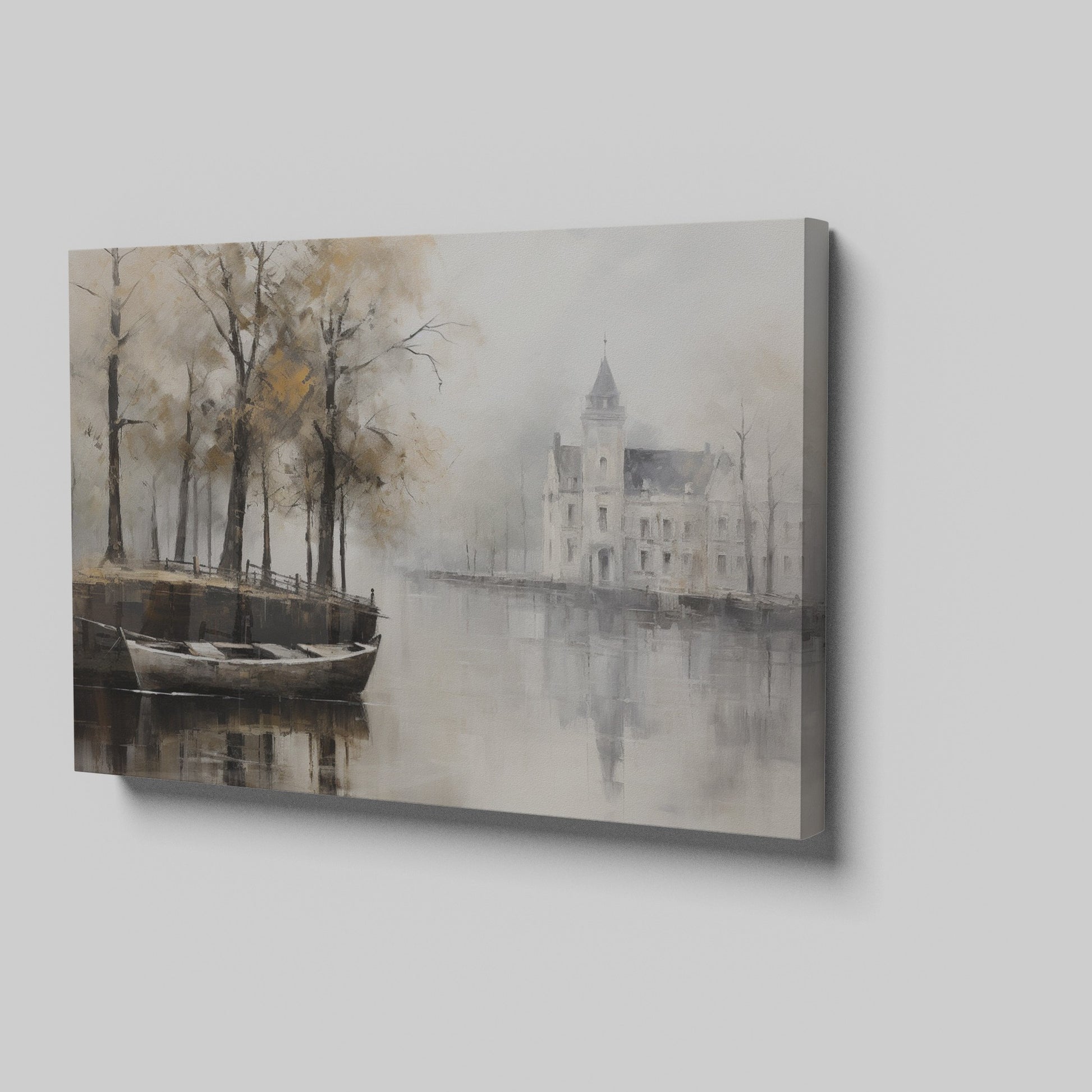 Framed canvas print of a historic chateau reflected on a lake with autumn trees and a rowboat in a misty scene