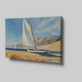 Framed canvas print of sailing boats with white sails against a backdrop of blue skies and dunes