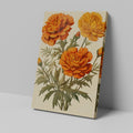 Framed canvas print of vintage illustrated marigold flowers in warm orange tones