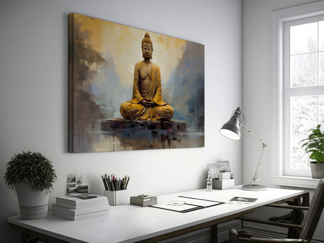 Framed canvas print of a serene Buddha in warm hues with modern brushstrokes