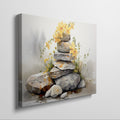 Framed canvas print of watercolour stones stacked with yellow flowers