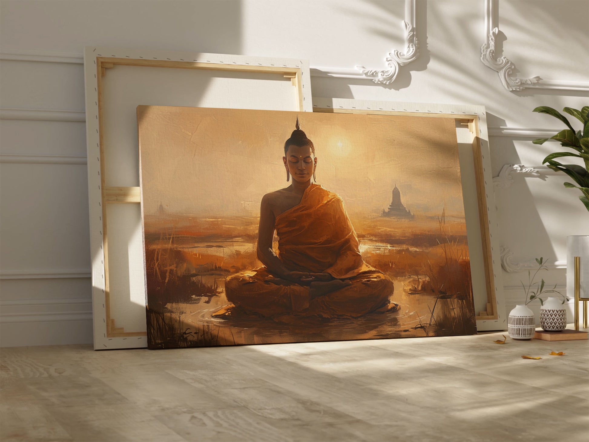 Framed canvas print of a serene meditating Buddha in golden sunset hues with temple silhouette