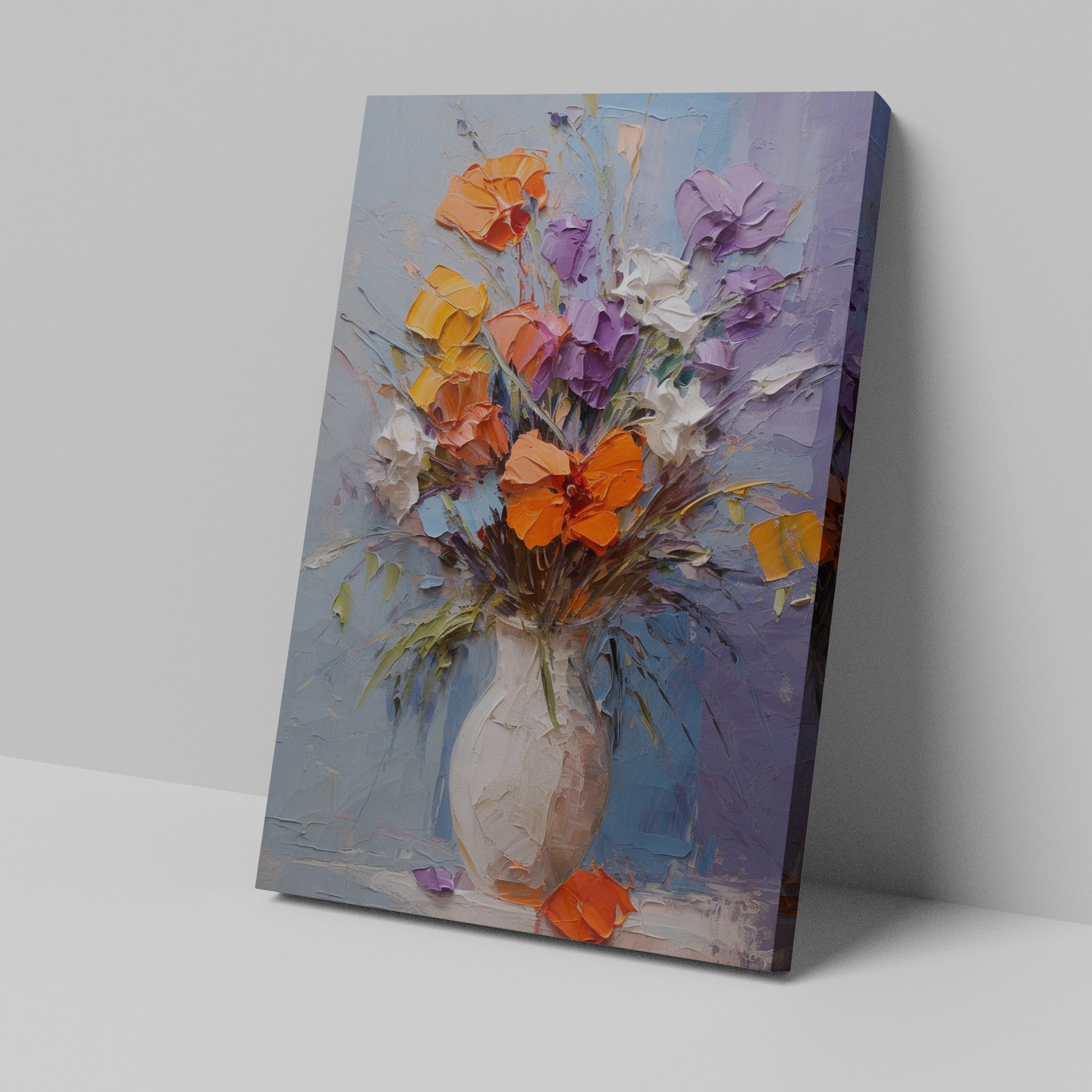 Framed canvas print of vibrant impasto flowers in a vase with rich textures