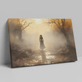 Framed canvas print of a mystical autumnal pathway with a silhouette of a woman walking, surrounded by golden trees and a soft fog.