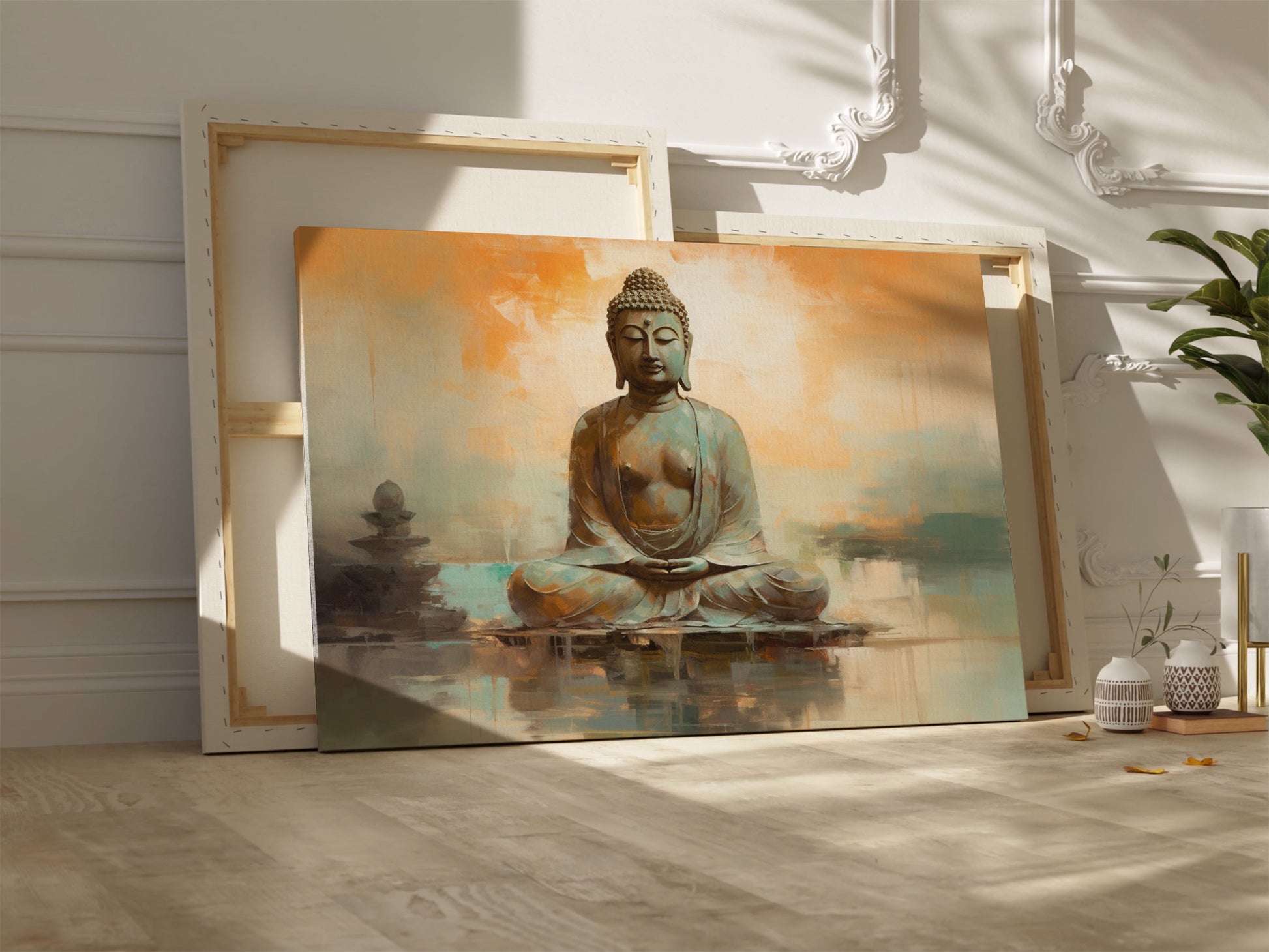 Framed canvas print of serene Buddha in meditation with warm earth tones and tranquil setting