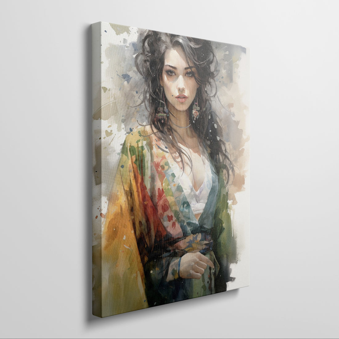 Framed canvas print of a vibrant, watercolour portrait of an elegant woman with colourful attire