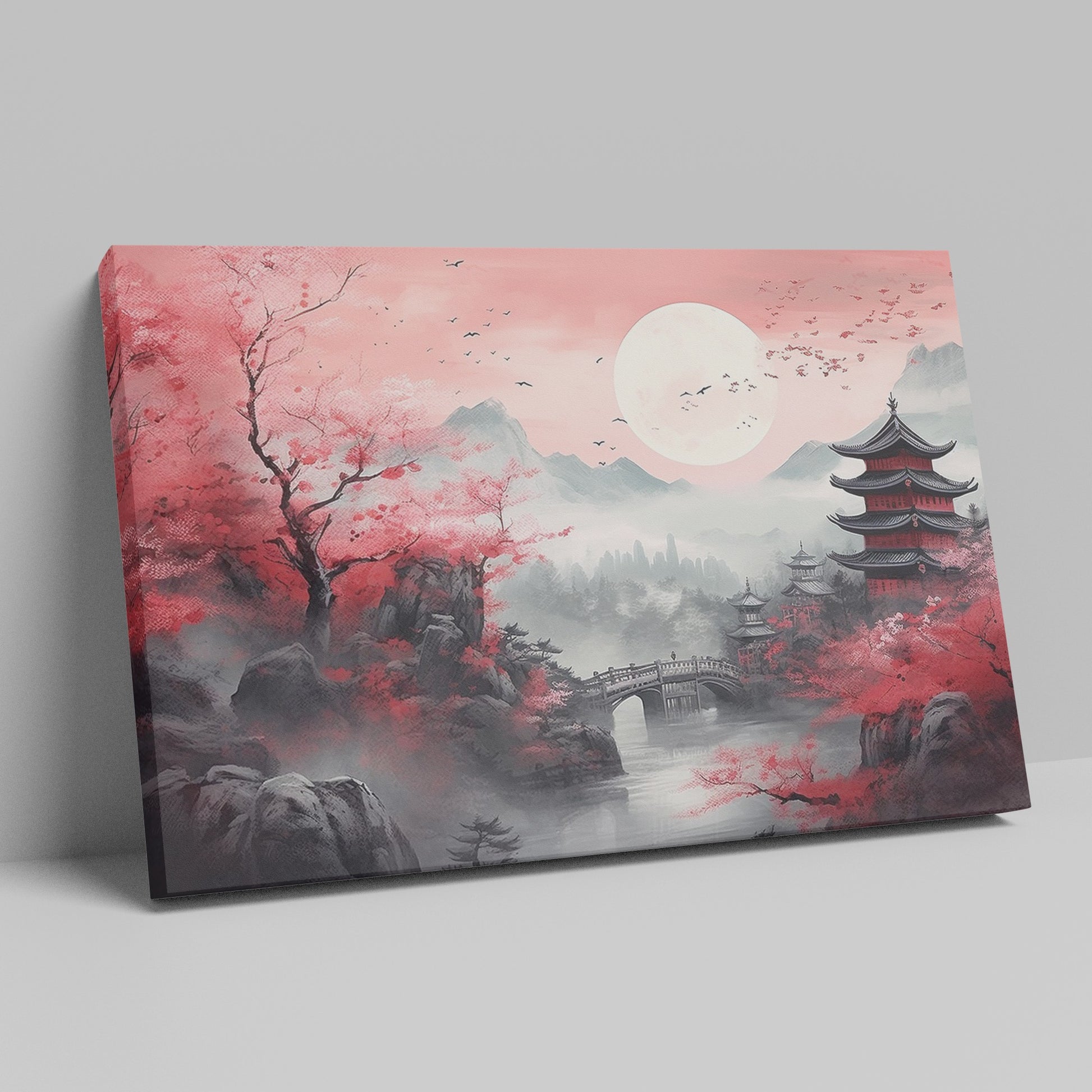 Framed canvas print of Oriental landscape with cherry blossoms and pagodas under a full moon