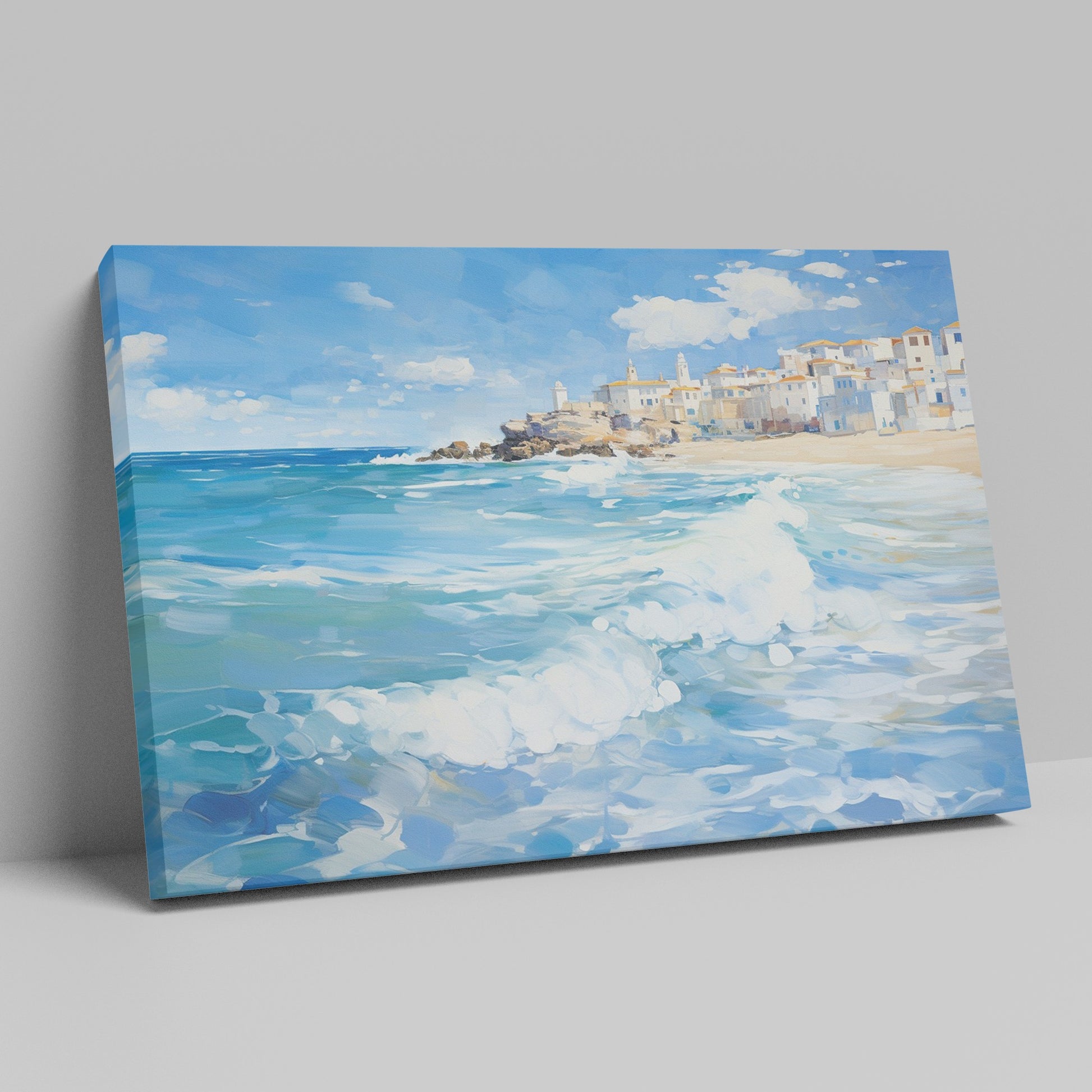 Framed canvas print of a Mediterranean village by the sea with vibrant blue waves and sunny sky