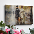 Framed canvas print of a Victorian couple and their dog walking on a rainy Paris street