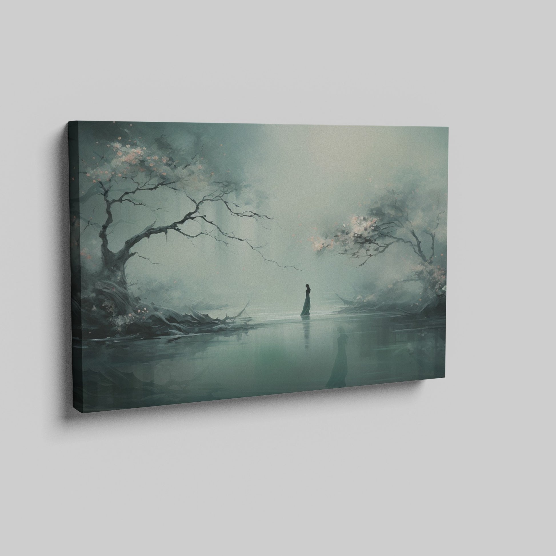 Framed canvas print of a mystical figure amidst ethereal trees and reflective waters, in pastel shades of blue and grey