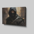 Framed canvas print of a dark and mysterious ninja warrior with intense gaze and sword