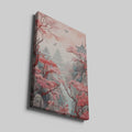 Framed canvas print of an oriental landscape with cherry blossoms and pagodas