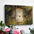 Framed canvas print of a rustic wooden door surrounded by an overgrown floral garden