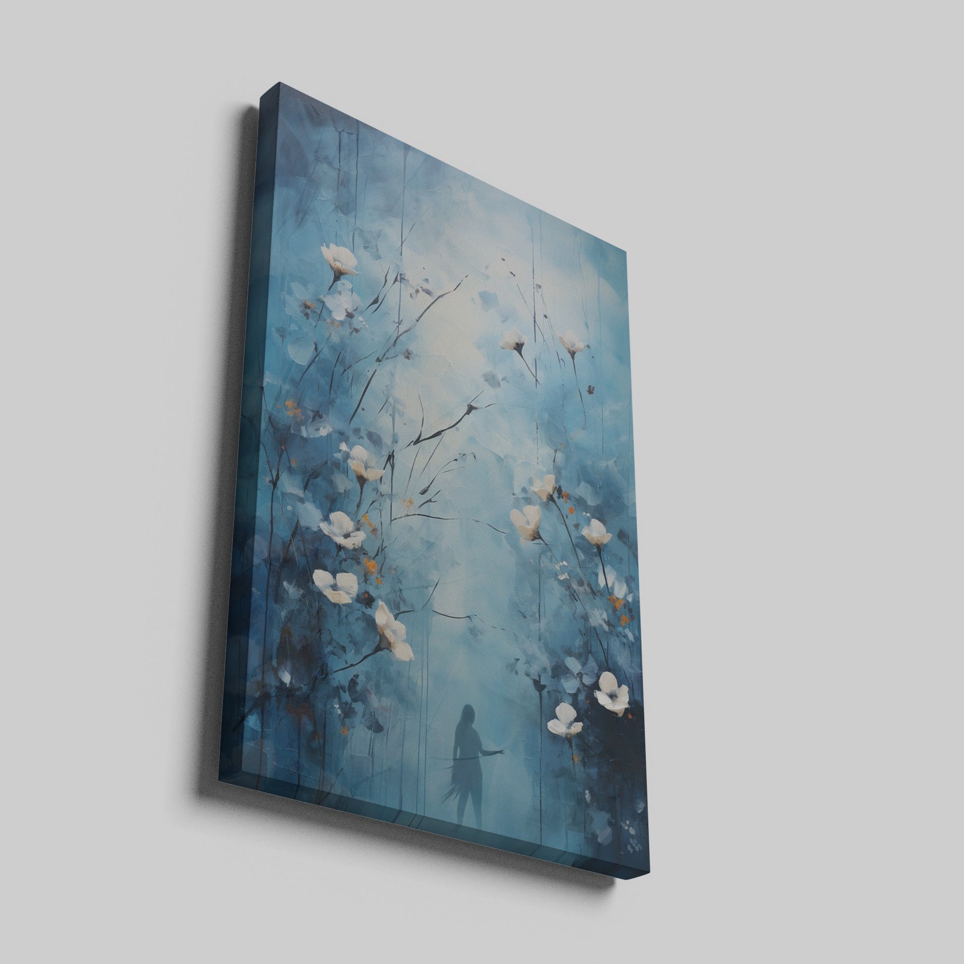 Framed canvas print of ethereal blue abstract painting with white flowers and a woman's silhouette