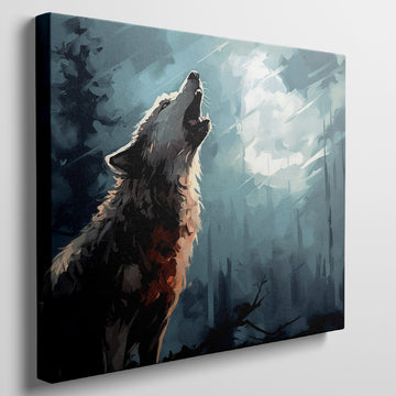 Framed canvas print of a majestic wolf howling in a mystical forest with striking blue and black tones