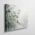 Framed canvas print of a misty bamboo forest in tranquil green and white tones