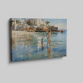 Framed canvas print of a sunlit Mediterranean beach with a mother and child