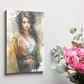 Framed canvas print of a vibrant, watercolour portrait of an elegant woman with colourful attire