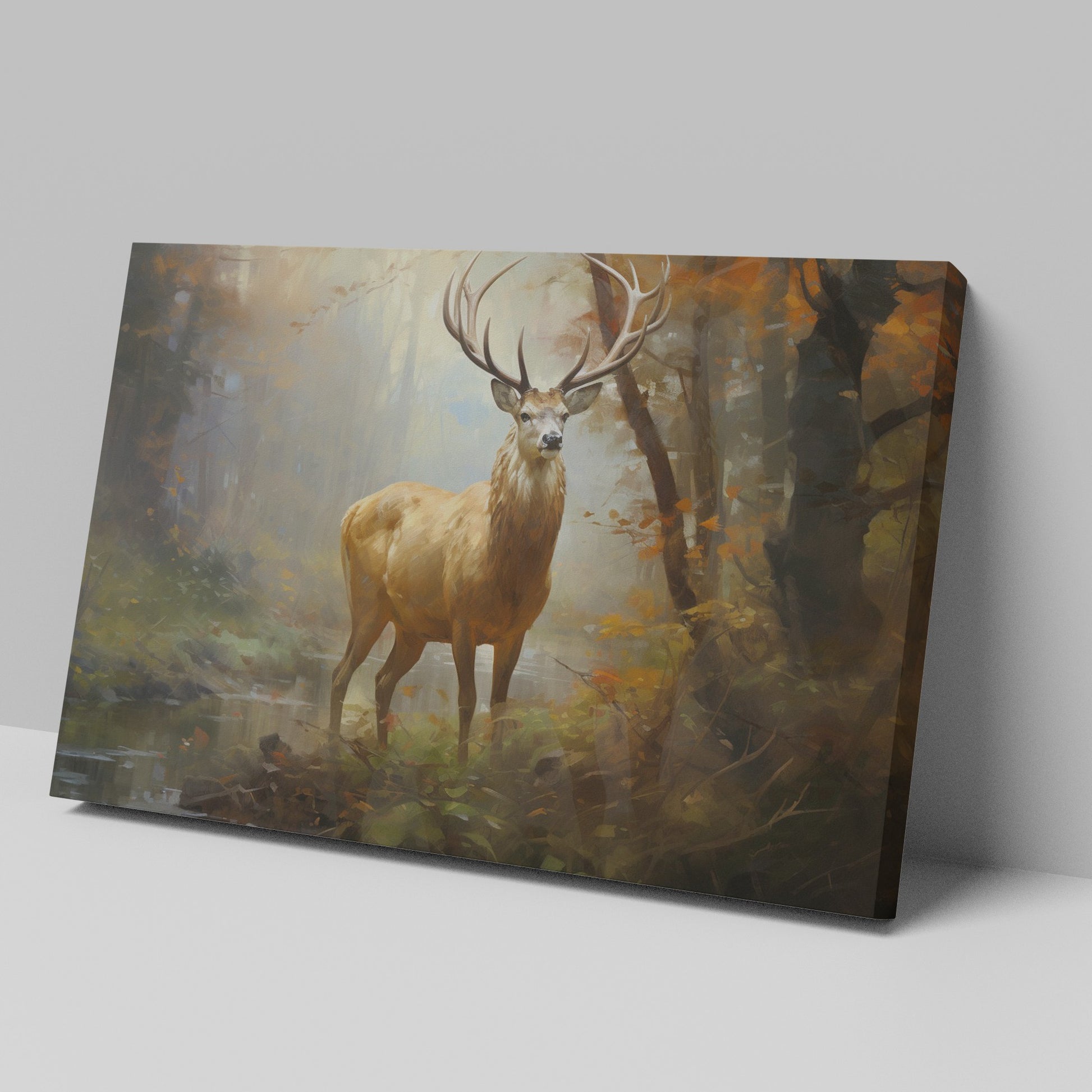 Framed canvas print of a majestic stag in a glowing autumn forest setting