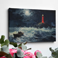 Framed canvas print of a stormy night seascape, with a red lighthouse and sailing boat under a moonlit sky