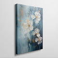 Framed canvas print of blue and gold abstract floral artwork