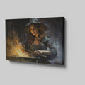 Framed canvas print of a mystical witch stirring a magical fiery brew in a gothic setting