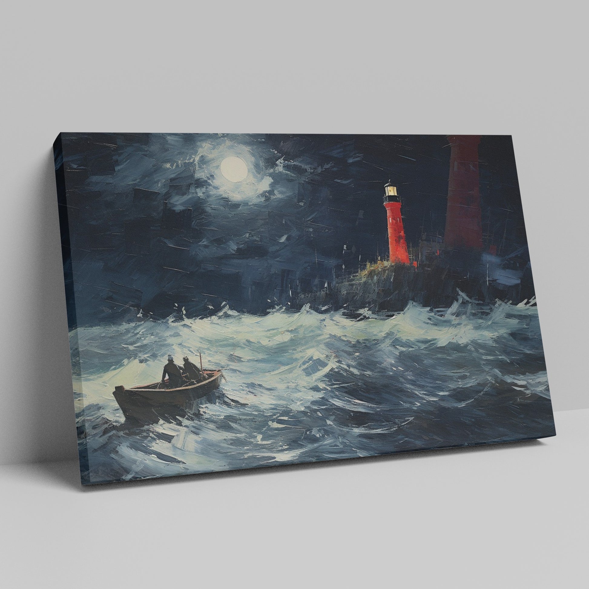 Framed canvas print of a stormy night seascape, with a red lighthouse and sailing boat under a moonlit sky