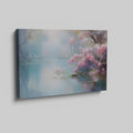 Framed canvas print of a tranquil lakeside scene with cherry blossoms and misty atmosphere