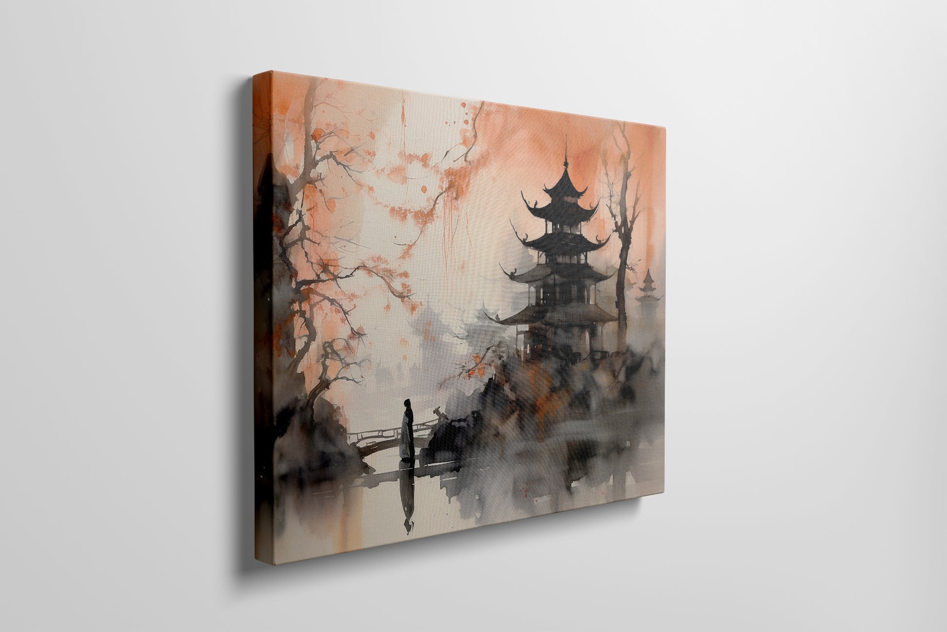 Framed canvas print of Oriental landscape with a pagoda and person on a bridge in misty watercolour technique