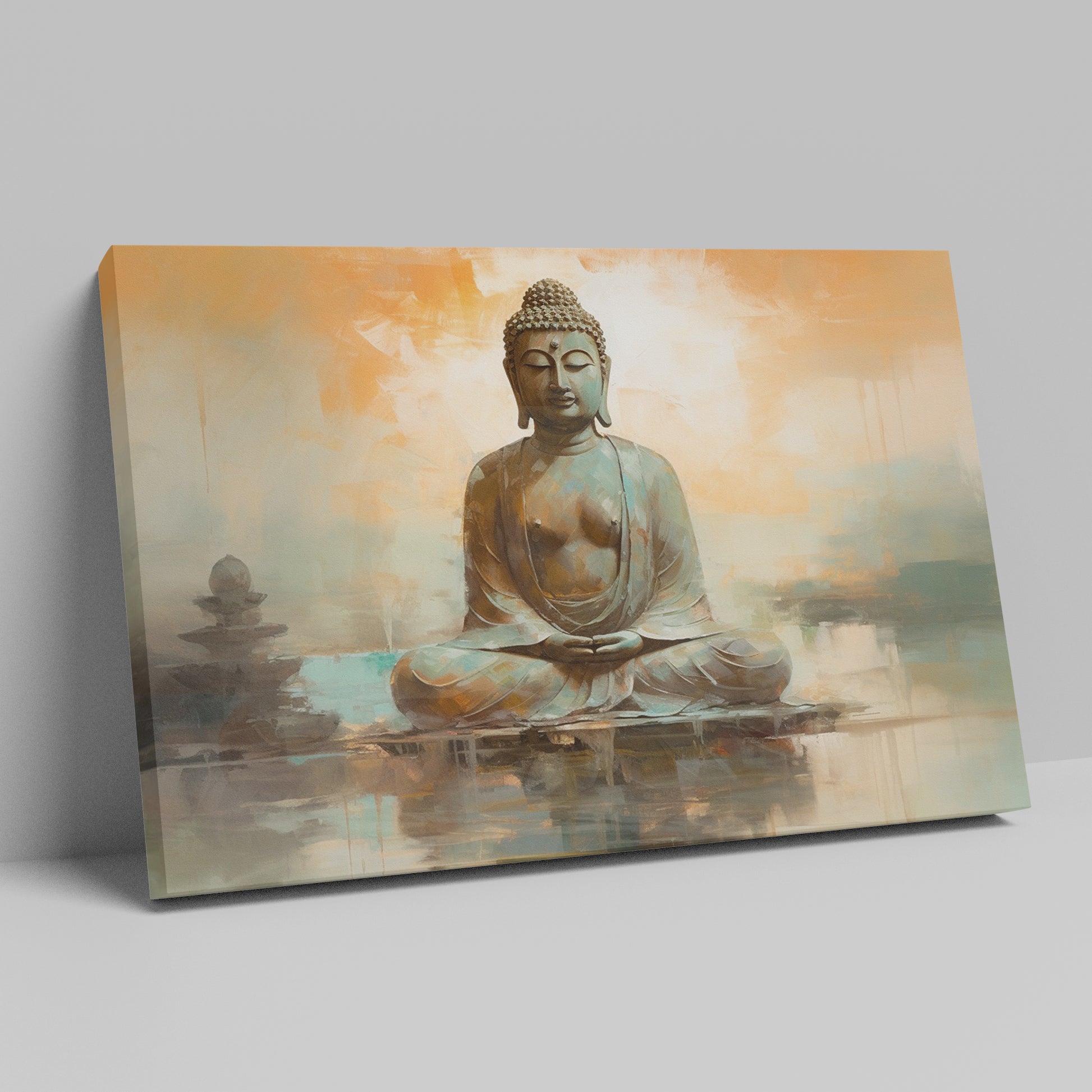 Framed canvas print of serene Buddha in meditation with warm earth tones and tranquil setting