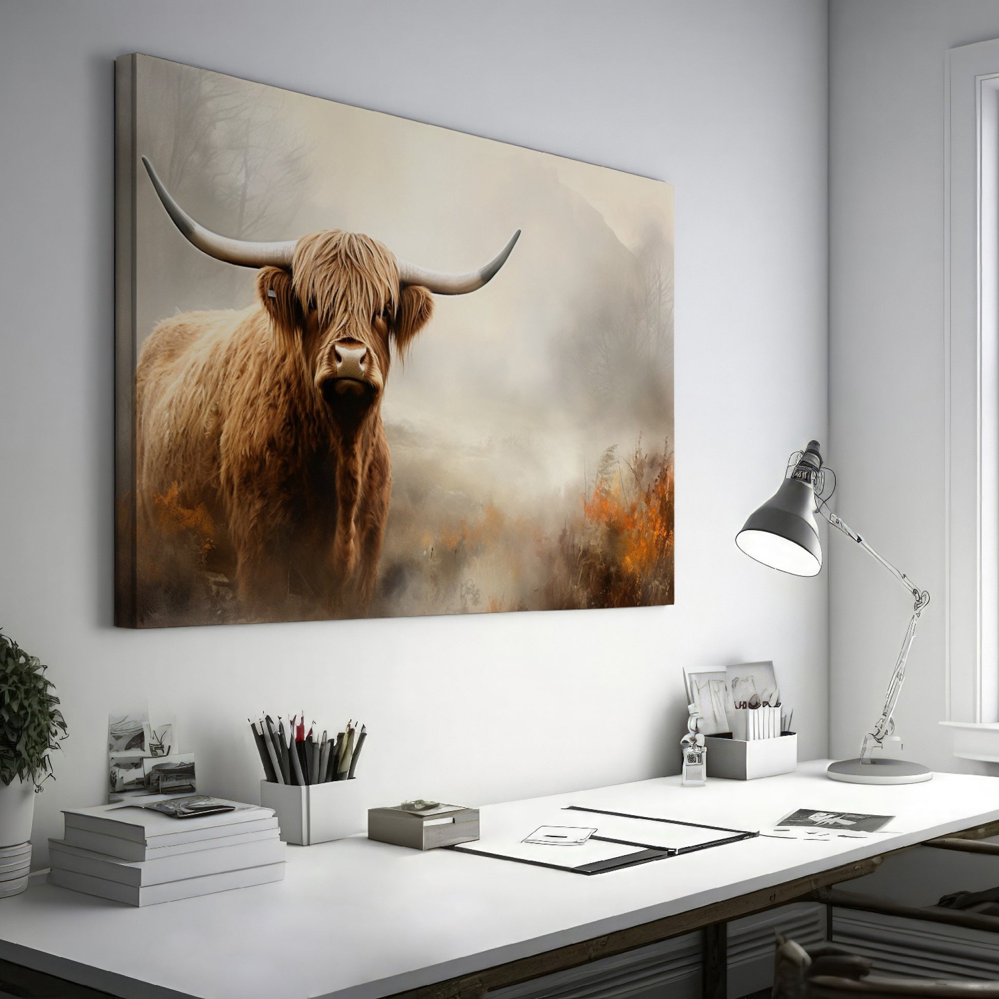 Framed canvas print of a majestic Highland Cow in a foggy autumnal landscape with warm earthy tones